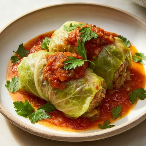 A plate of cabbage rolls with tomato sauce.