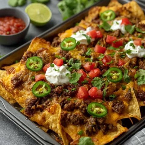A delicious looking nacho dish with tomatoes, jalapenos, and cheese.
