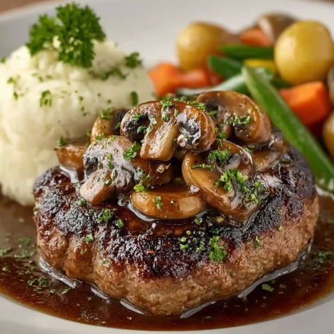 A plate of food with meat and mushrooms.