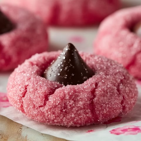 A pink cookie with chocolate drizzled on top.