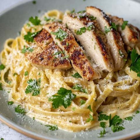 A plate of chicken and pasta with garlic butter.