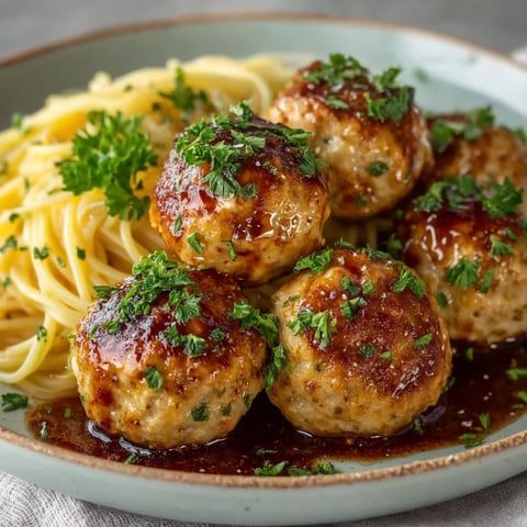 A plate of meatballs with sauce and noodles.