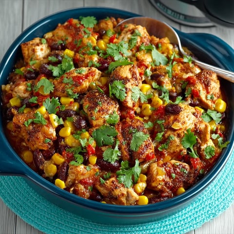 A bowl of Mexican chicken with corn and beans.