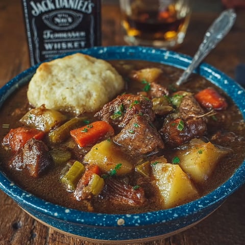 A bowl of beef stew with a bottle of whiskey next to it.