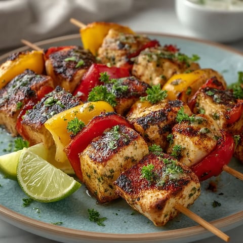 A plate of chicken skewers with peppers and herbs.