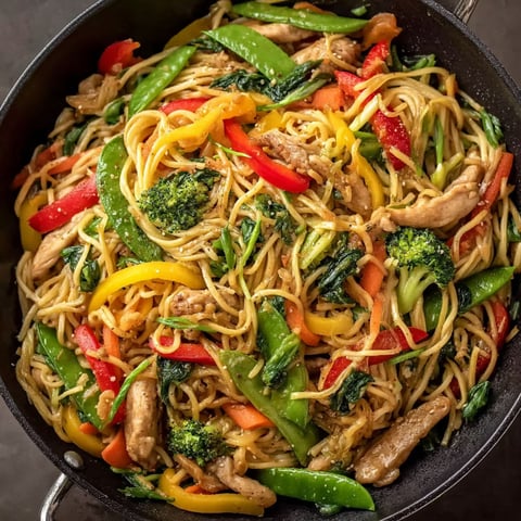 A bowl of chicken lo mein with various vegetables.