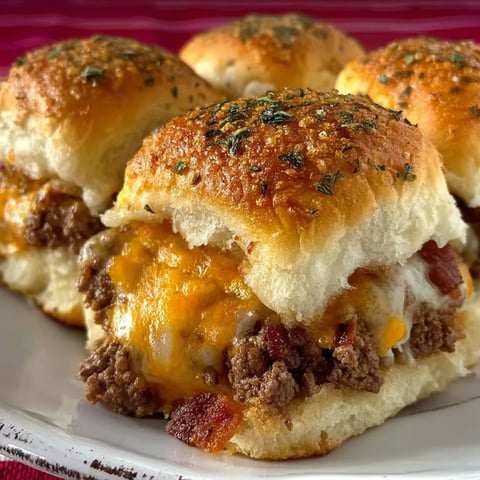 Three bacon cheeseburger sliders on a plate.