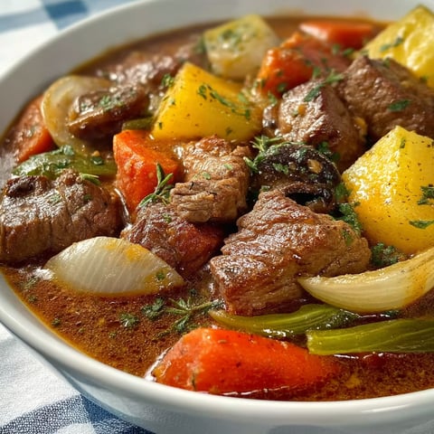 A bowl of beef and vegetable stew.