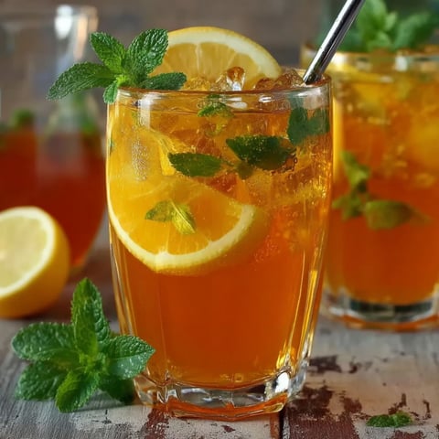A glass of orange juice with lemon slices.