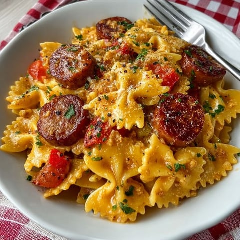 A plate of pasta with sausage and tomatoes.
