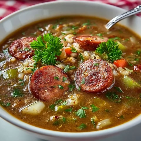 A bowl of soup with sausage and barley.