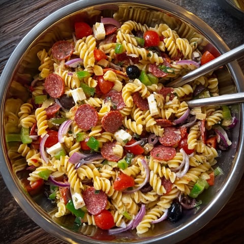 A bowl of Italian pasta salad.