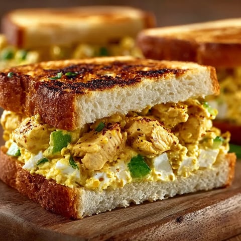 Two pieces of curried chicken salad sandwiches.